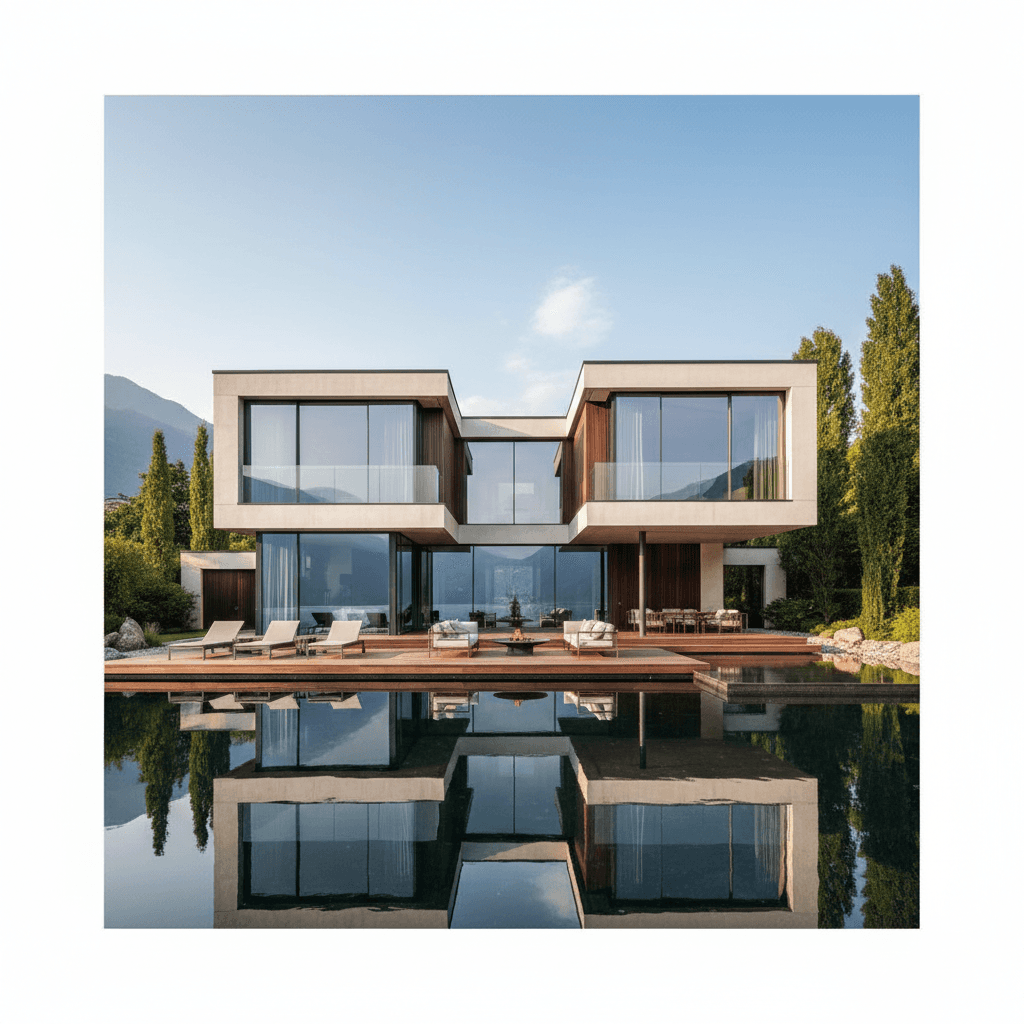 Facciata della villa sul lago con ampie vetrate e terrazza