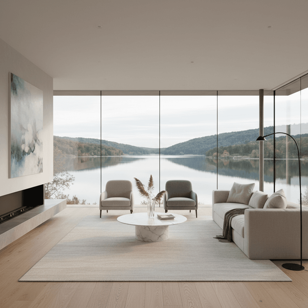 Soggiorno interno con vista lago, arredamento minimalista e luce naturale