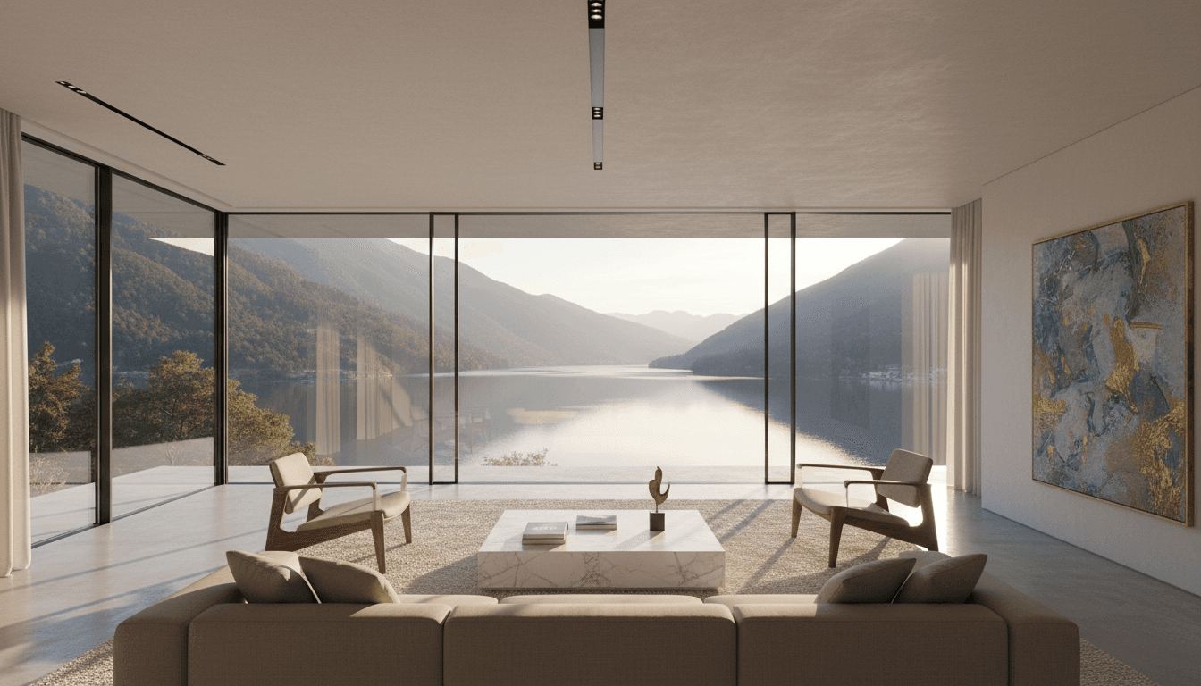 Interno moderno di una villa di lusso con vista sul lago