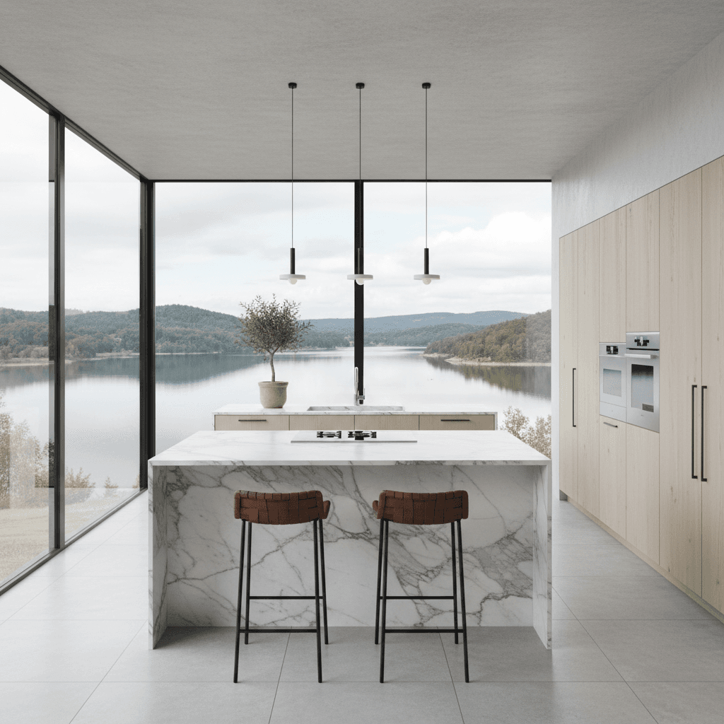 Cucina open space con isola in marmo affacciata sul lago
