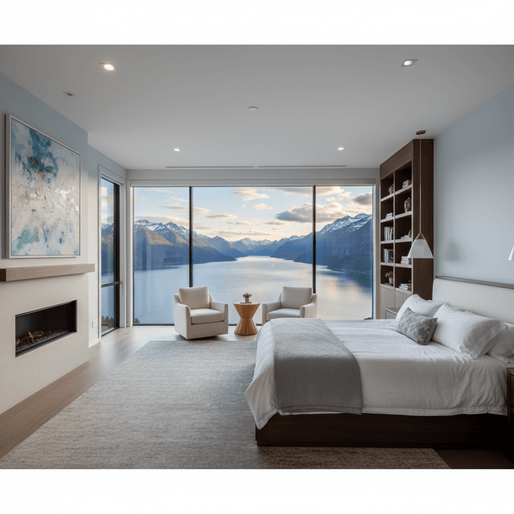 Camera da letto padronale con finestra panoramica su lago e montagne