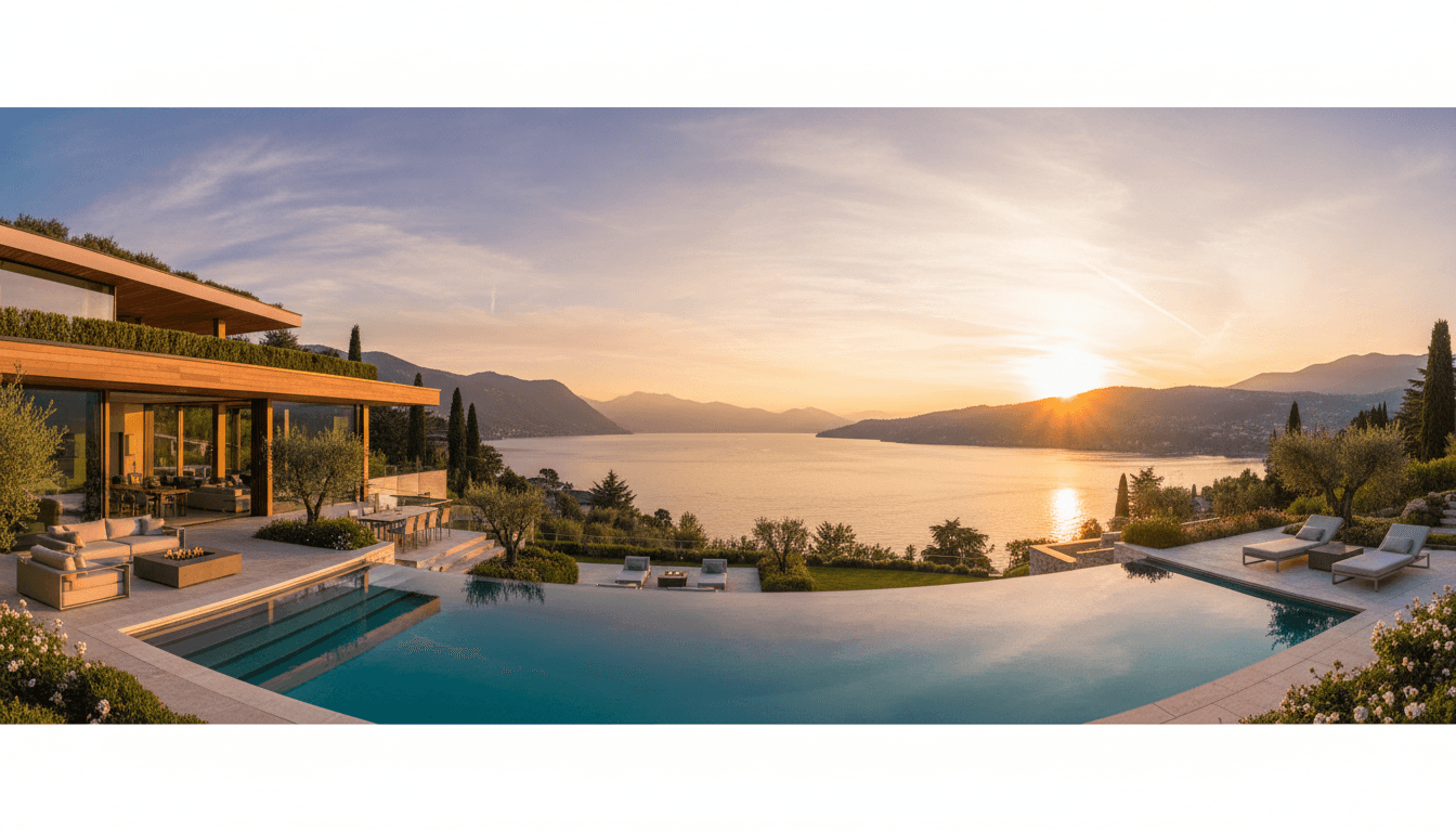 Vista esterna della villa con piscina a sfioro sul lago