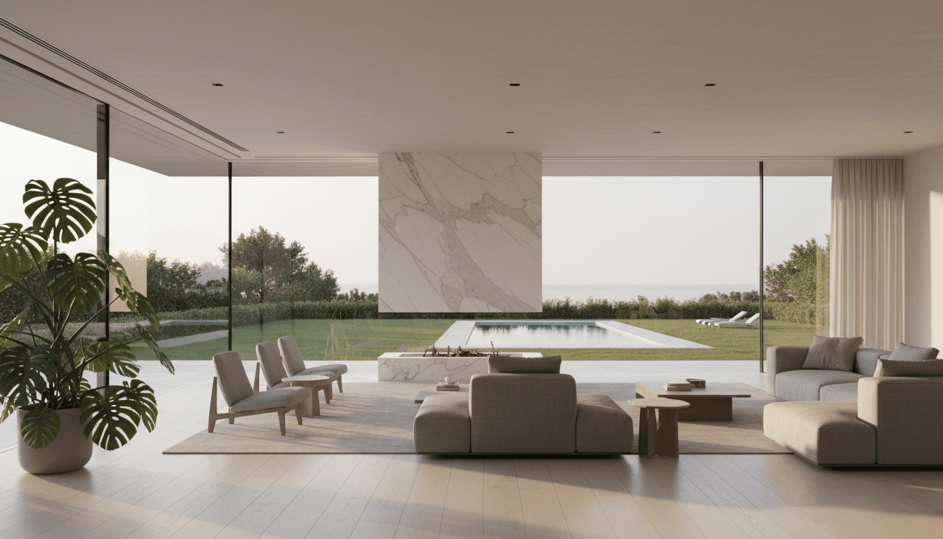 Interno minimalista di una villa moderna con grande finestra che si affaccia su un lago