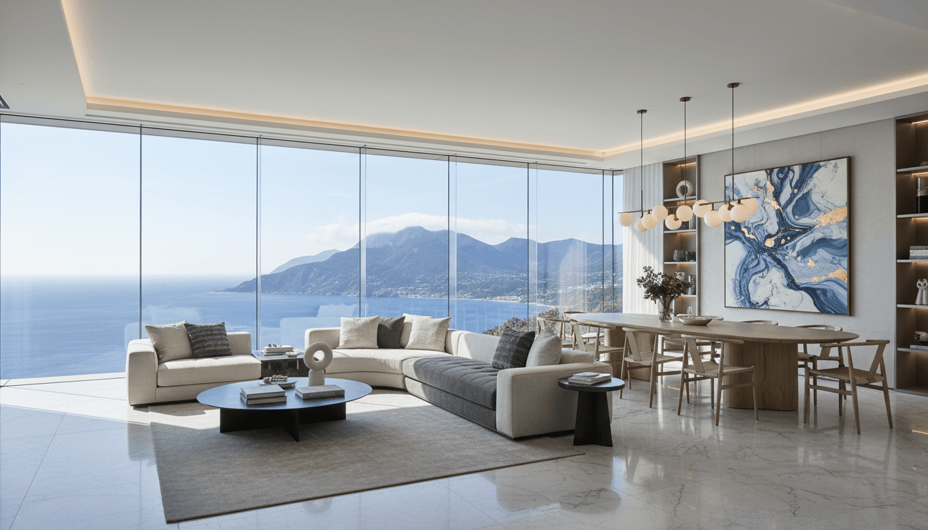 modern luxury living room with floor to ceiling windows overlooking calm lake