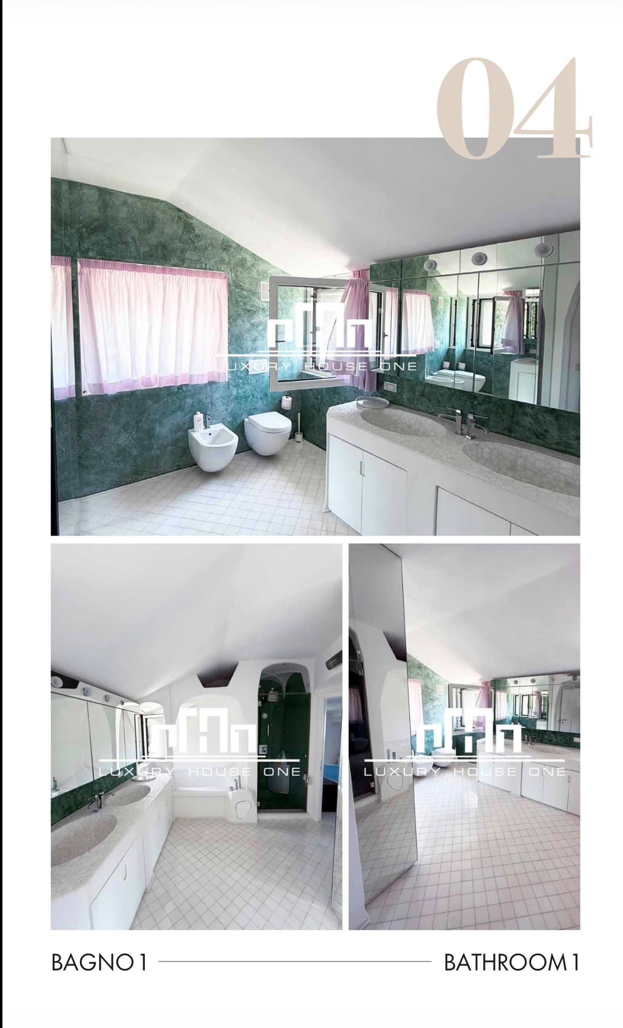Bagno spazioso con pareti verdi, doppio lavabo, ampio specchio e pavimento in piastrelle bianche.