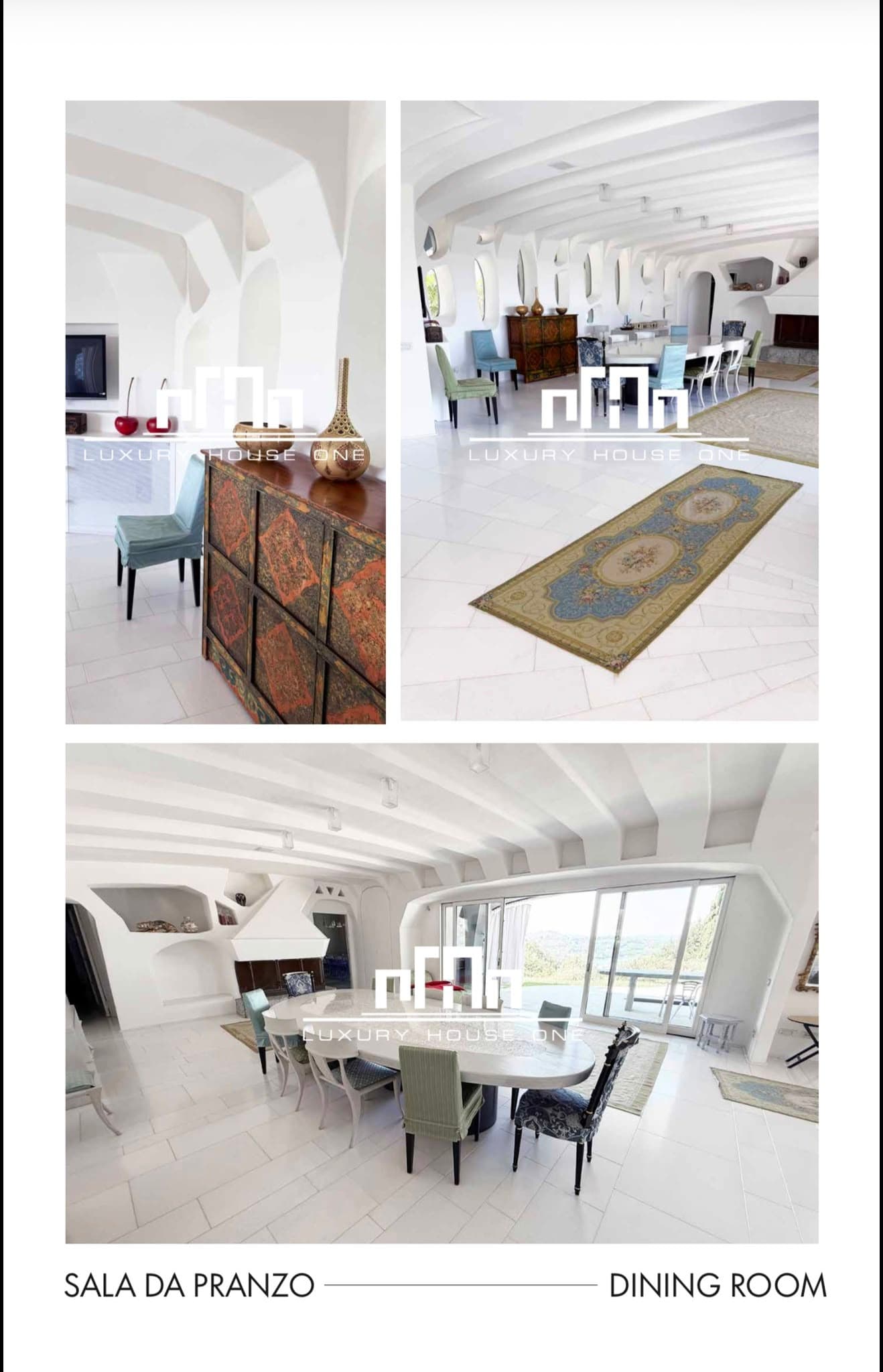 Sala da pranzo di lusso con soffitti bianchi, tavolo ovale, sedie colorate e vista panoramica.