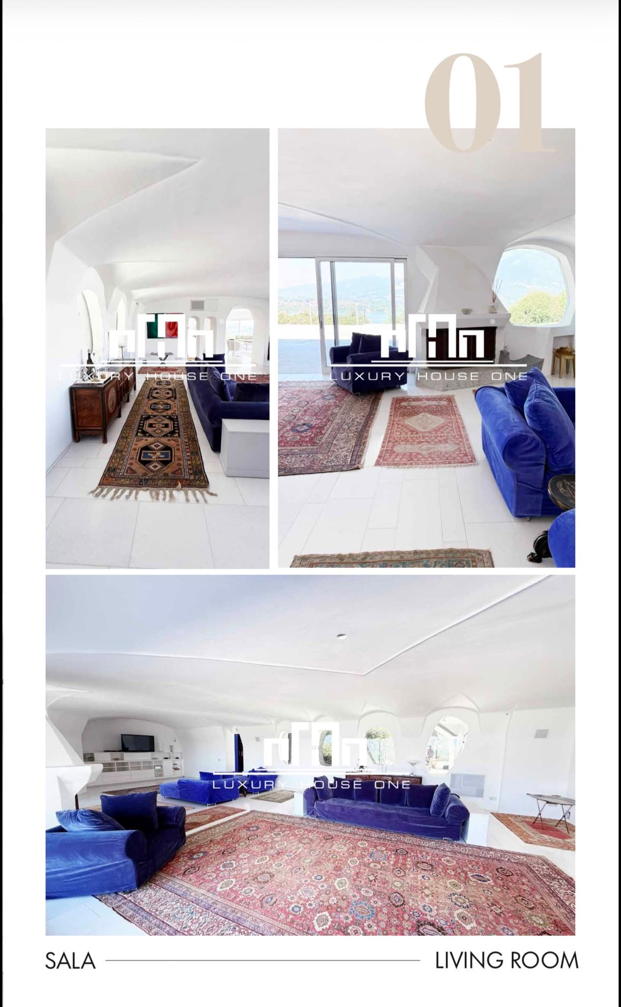 Elegante soggiorno bianco con soffitti curvi, divani in velluto blu e grandi tappeti orientali.